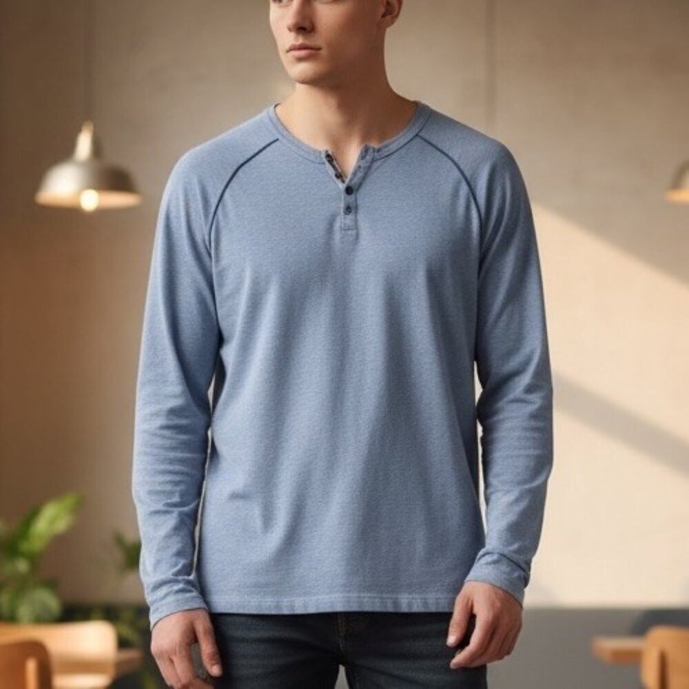 Borgo28 Mens Size Large Blue Long Sleeve Classic Modern Henley Shirt